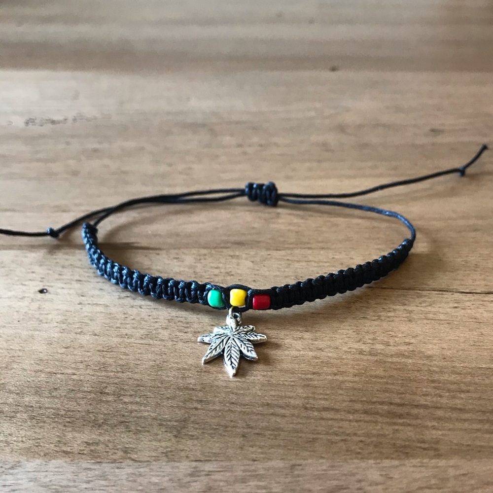 Weed Pot Leaf Charm Rasta Beaded Hemp Bracelet